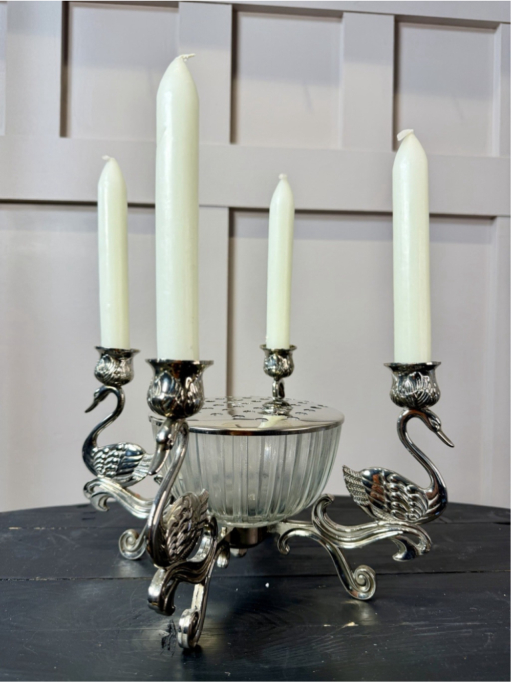 Vintage Silver Swan Centerpiece & Flower Frog Bowl 4 Candle Holder